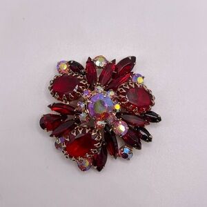 Vintage Schreiner Red Cabochon AB Rhinestone Layered Brooch Unsigned